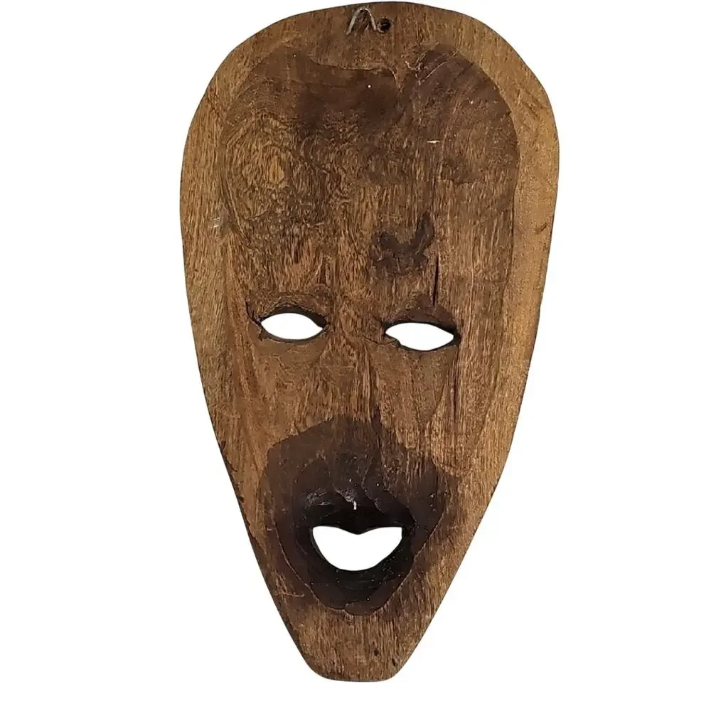 Signed Artisan Hand Carved African Tribal Brown and Tan Face Mask Wall Art 13